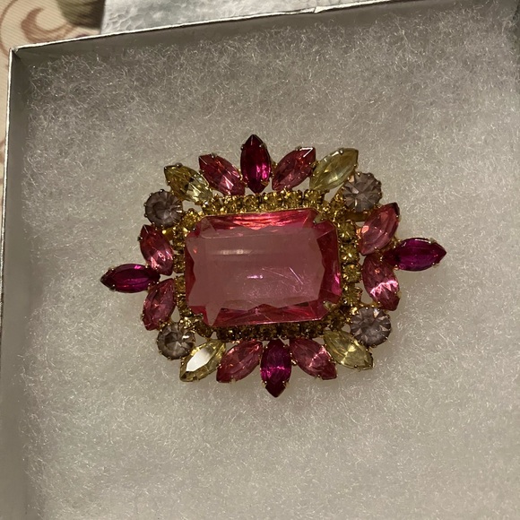 VINTAGE PINK AND CITRINE GLASS BROOCH - Picture 7 of 10